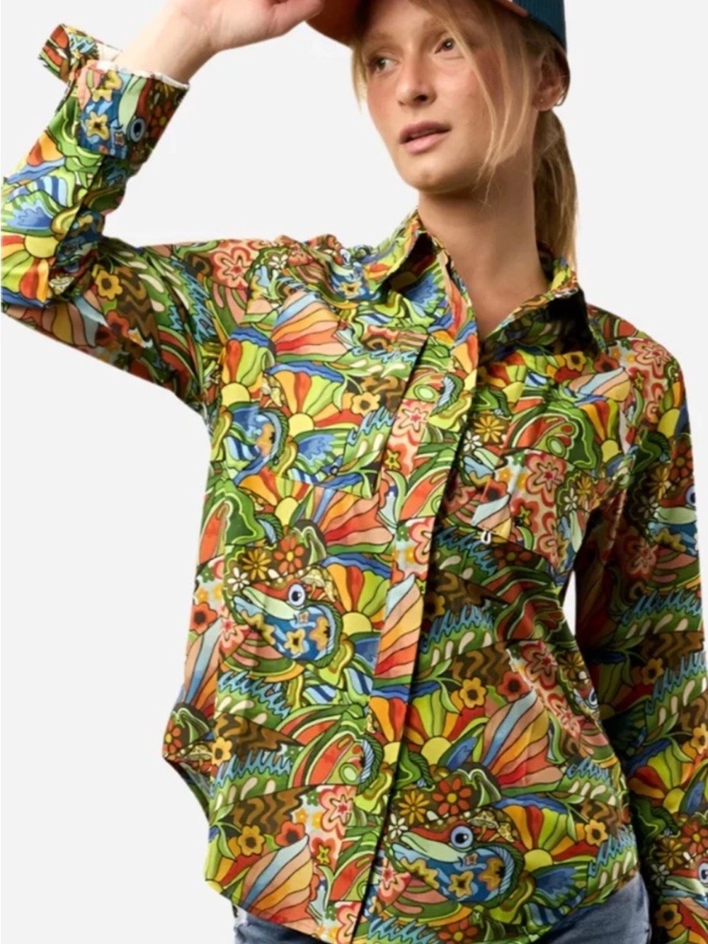 Fishe Women Boho Bass Fishing Tunic Shirt Medium Psychedelic Fish Mushrooms UPF